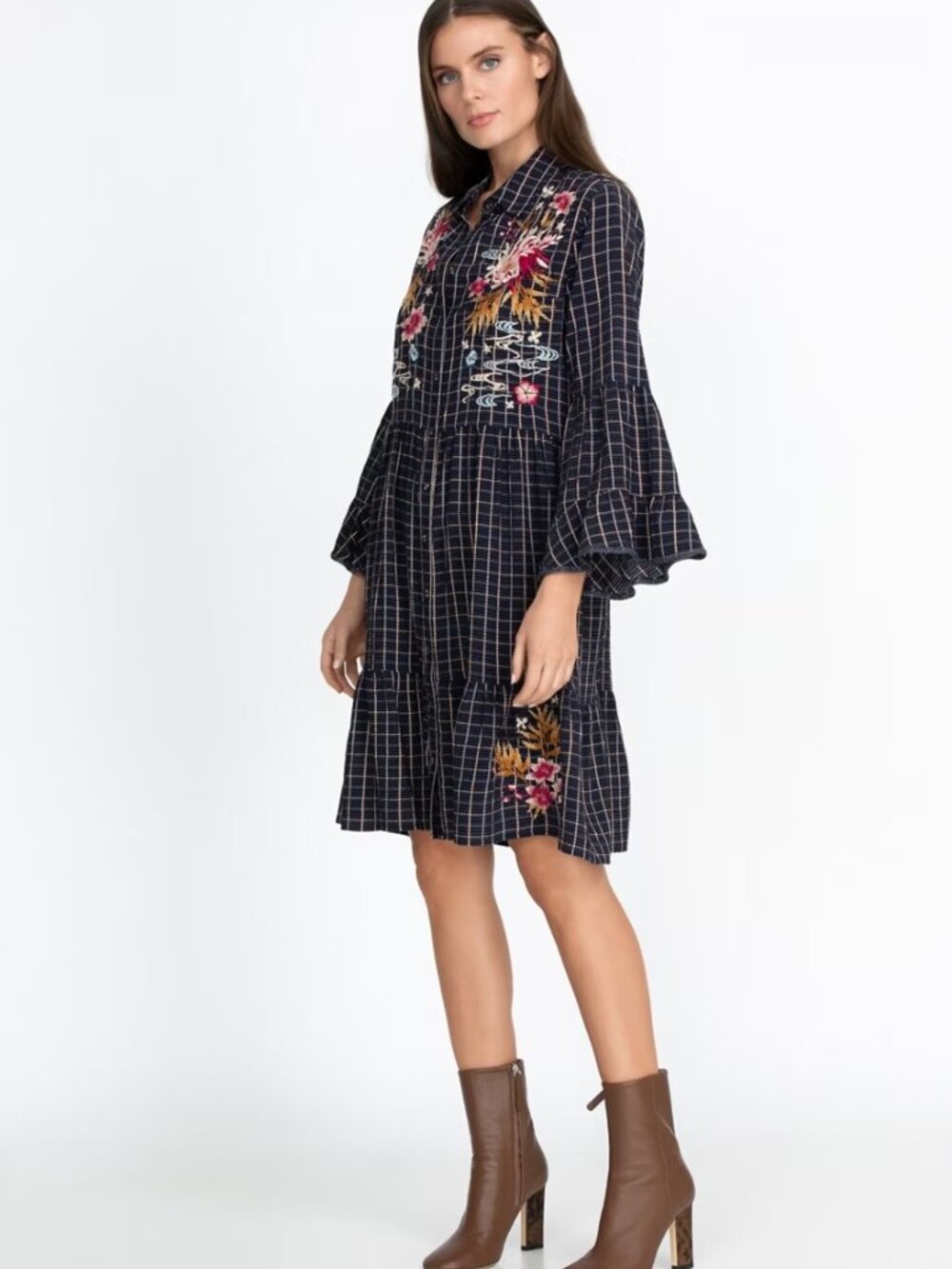 Johnny Was Emiko Easy Tiered Dress, Navy Plaid XL - Picture 2 of 16